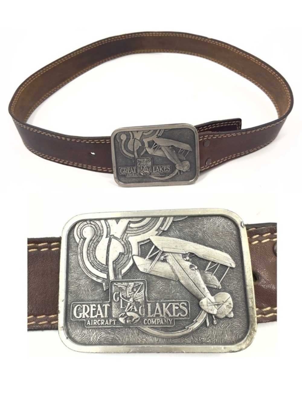 Great Lakes Aircraft Company Brown Leather Belt Mens 36 Bergamot Brass Work 1976